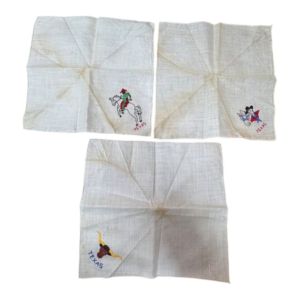 Lot 3 Vintage Texas Embroidered Handkerchief State Souvenir Longhorn Rodeo READ